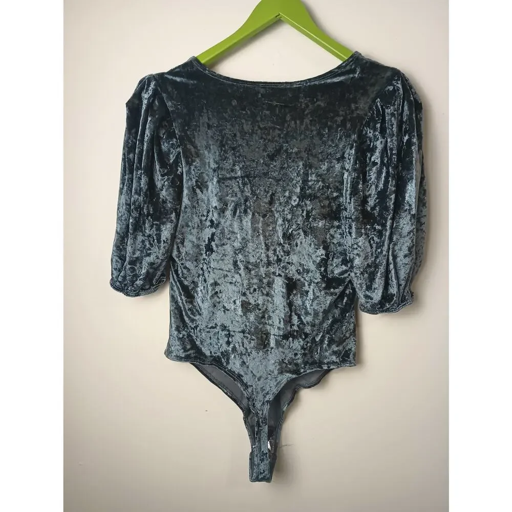 Free People Don't You‎ Wish Velvet Bodysuit Thong Blue Velour Deep V Neck Small